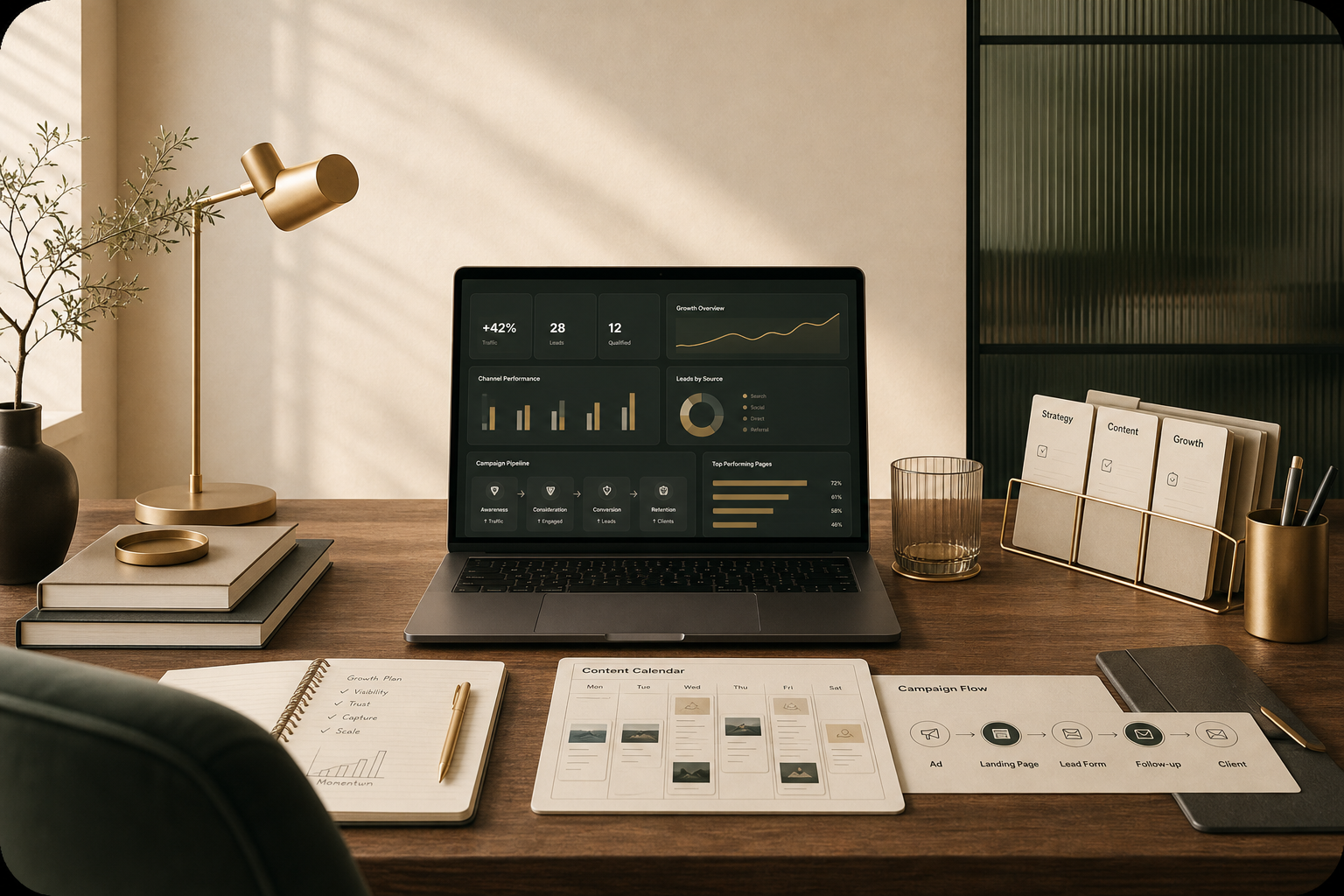 Founder-led digital marketing desk with strategy notes, content calendar, campaign flow, and analytics dashboard