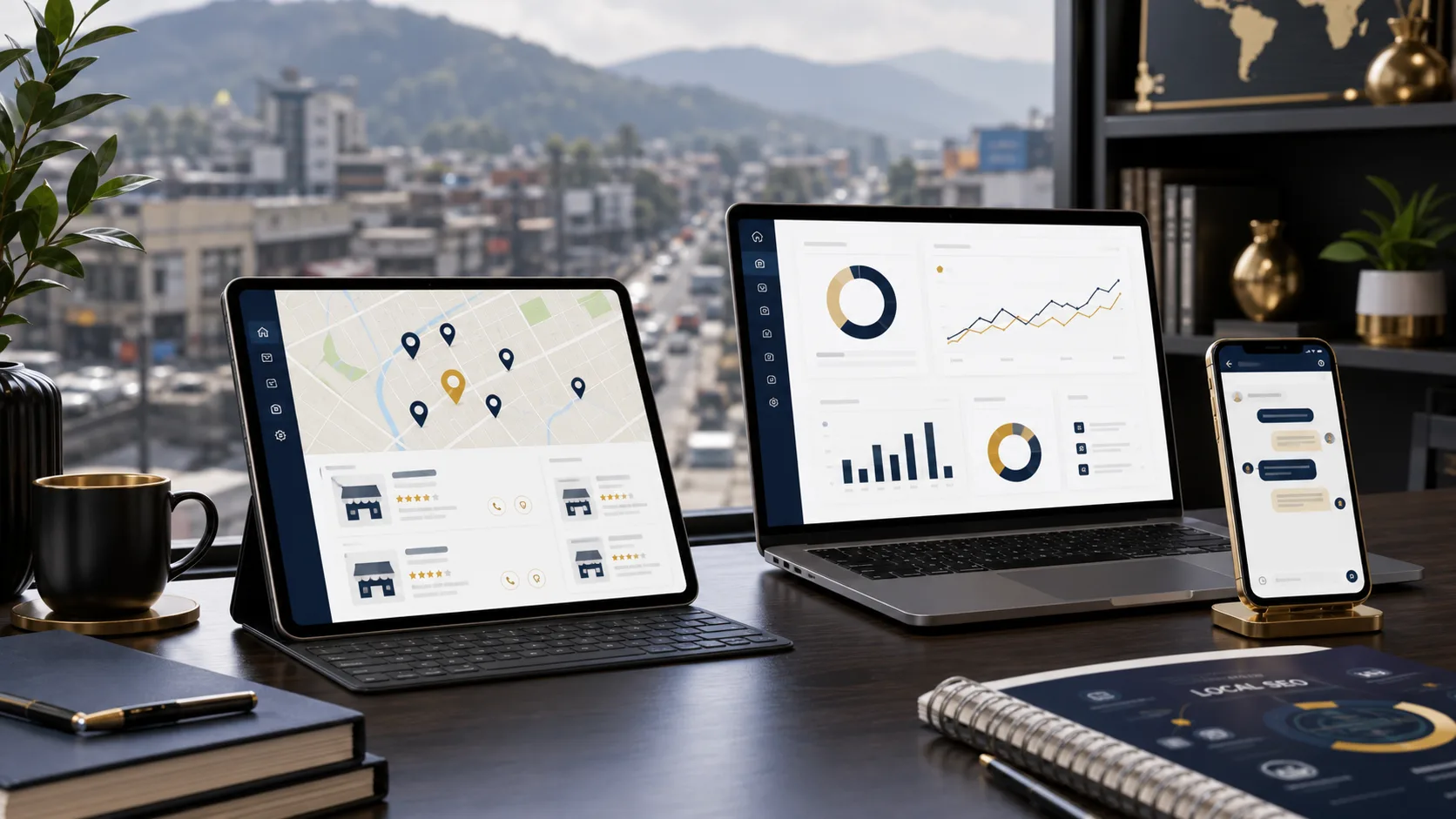 local SEO strategy scene with map pins, search dashboard, and WhatsApp enquiry flow