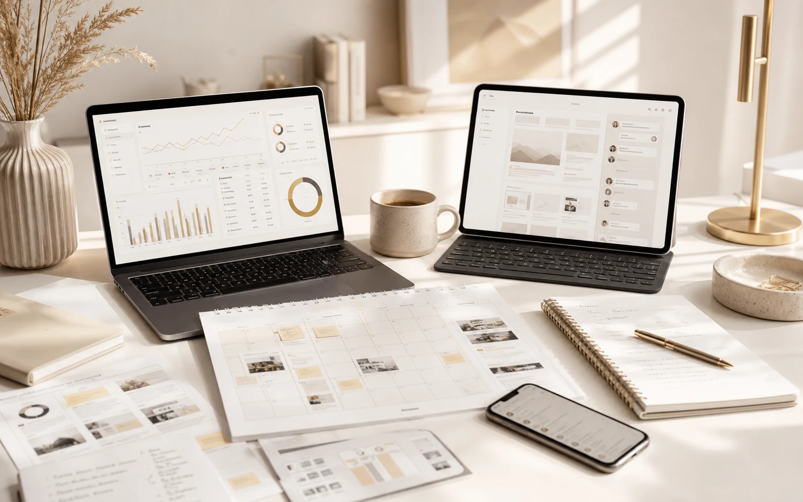Warm cream digital marketing workspace with laptop analytics, content calendar, landing page notes, and lead tracking materials