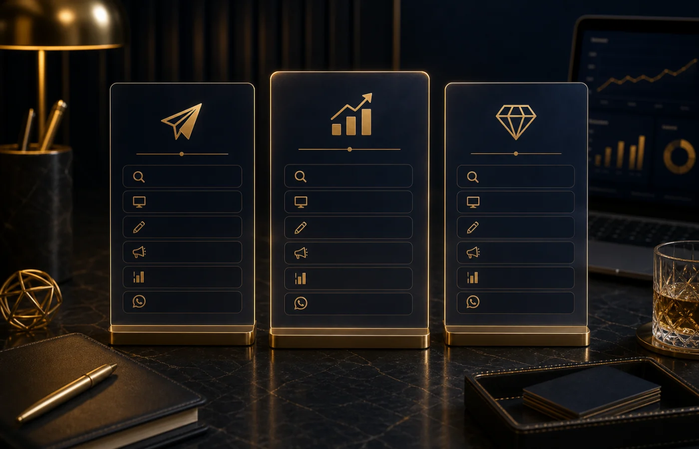 Premium digital marketing pricing tier visual with service tokens